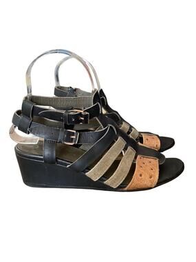 Balenciaga Paris Black Leather Ostrich Wedge Gladiator Sandals size 8